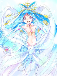 Rule 34 | 1girl, armlet, blue hair, center opening, choker, djinn equip, earrings, forehead jewel, hair ornament, hair stick, jewelry, lots of jewelry, magi the labyrinth of magic, navel, red eyes, ren kougyoku, sketch, smile, solo, thigh gap, wide hips