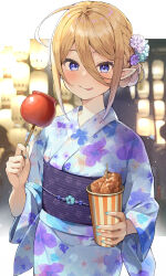 Rule 34 | 1girl, absurdres, blonde hair, blue nails, blurry, blurry background, braid, candy apple, closed mouth, cup, disposable cup, floral print, food, hair between eyes, hair ornament, highres, holding, holding food, japanese clothes, kanzashi, kimono, kusumoto touka, licking lips, looking at viewer, nail polish, obi, obidome, obijime, original, pointy ears, print kimono, purple eyes, sash, short hair with long locks, sidelocks, solo, tongue, tongue out