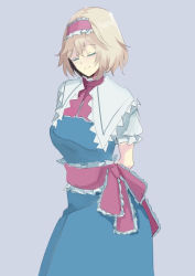 Rule 34 | 1girl, alice margatroid, arms behind back, ascot, blonde hair, blue dress, breasts, capelet, dress, closed eyes, frilled ascot, frilled dress, frilled hairband, frills, grey background, hairband, lace-trimmed hairband, lace trim, large breasts, lolita hairband, medium hair, puffy short sleeves, puffy sleeves, red ascot, red hairband, short sleeves, solo, tohoyuukarin, touhou, white capelet