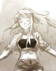 Rule 34 | 1girl, bandeau, breasts, closed eyes, collared shirt, expressionless, facing viewer, fullmetal alchemist, gradient background, grass, grey background, light smile, long hair, long sleeves, lying, monochrome, navel, on back, outdoors, ponytail, riru, sepia, shirt, shorts, simple background, solo, tank top, upper body, white background, winry rockbell