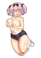 Rule 34 | + +, 10s, 1girl, :d, black shorts, black socks, blue eyes, blush, bow, breast hold, breasts, buruma, collarbone, eyebrows, full body, hair between eyes, hair bow, hands on breasts, hands on own chest, hibari (senran kagura), jumping, kneehighs, large breasts, leg warmers, looking at viewer, mr bowater, open mouth, pink hair, senran kagura, shiny skin, short twintails, shorts, simple background, skin tight, smile, socks, solo, symbol-shaped pupils, thick thighs, thighs, tongue, topless, twintails, white background, white socks