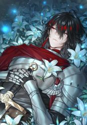 Rule 34 | 1boy, absurdres, armor, black hair, breastplate, cape, cheche98711466, closed eyes, closed mouth, collaboration, commentary, earrings, english commentary, eyelashes, eyeshadow, flower, gauntlets, gradient hair, hair between eyes, hair ornament, hairclip, highres, holding, holding sword, holding weapon, jewelry, kingchenxi, knight, lily (flower), lying, makeup, male focus, medium hair, multicolored hair, nijisanji, nijisanji en, on back, own hands together, red cape, red eyeshadow, red hair, shoulder armor, sidelocks, signature, single earring, solo, sword, tassel, tassel earrings, upper body, virtual youtuber, vox akuma, weapon, white flower