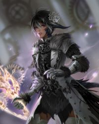 Rule 34 | 1girl, au ra, black hair, black horns, blood, blood on face, blurry, blurry background, commission, cowboy shot, dragon horns, dragon tail, final fantasy, final fantasy xiv, flower, fur collar, gauntlets, gunbreaker (final fantasy), hair flower, hair ornament, highres, holding, holding weapon, horns, injury, lianeige, lips, looking at viewer, multicolored eyes, multicolored hair, scales, second-party source, short hair, solo, tail, thighhighs, torn clothes, two-tone hair, warrior of light (ff14), weapon