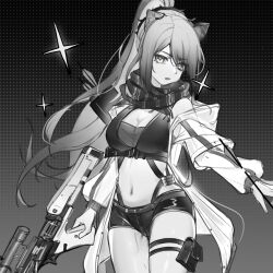 Rule 34 | 1girl, animal ears, arknights, bare shoulders, bow (weapon), breasts, cat ears, cat girl, cleavage, commentary request, crop top, crossbow, floater (floater80012059), greyscale, highres, holding, holding crossbow, holding weapon, jacket, large breasts, long hair, long sleeves, looking at viewer, midriff, monochrome, navel, off shoulder, open clothes, open jacket, parted lips, ponytail, pouch, scarf, schwarz (arknights), short shorts, shorts, solo, stomach, thigh strap, thighs, very long hair, weapon
