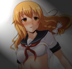Rule 34 | 1girl, azusa (cookie), blonde hair, bow, bra, breasts, brown eyes, clothes lift, collarbone, cookie (touhou), crying, crying with eyes open, hair bow, highres, kirisame marisa, long hair, lying, marine (46586031), medium breasts, neckerchief, on back, red neckerchief, shirt lift, solo, tears, touhou, underwear, upper body, white bow, white bra