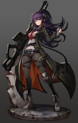 Rule 34 | 1girl, ankle boots, anti-materiel rifle, arm belt, bad id, bad pixiv id, belt, belt buckle, black coat, black gloves, black pantyhose, black shorts, boots, breasts, buckle, closed mouth, coat, explosive, faux figurine, fingerless gloves, full body, gloves, goomrrat, grey background, grey footwear, gun, headgear, holding, holding gun, holding weapon, knee pads, legs apart, long coat, long hair, long sleeves, looking at viewer, medium breasts, multicolored coat, muzzle device, neckerchief, open clothes, open coat, original, pantyhose, pantyhose under shorts, ponytail, purple eyes, purple hair, red neckerchief, rifle, rock, shirt, short shorts, shorts, sidelocks, simple background, sniper rifle, solo, standing, two-tone coat, underbust, weapon, weapon request, white shirt