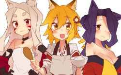 Rule 34 | 3girls, animal ears, bare shoulders, black gloves, black hair, blonde hair, blush, bowl, breasts, brown eyes, cleavage, closed mouth, collarbone, elbow gloves, flat chest, fox ears, fox tail, gloves, hair over one eye, holding, holding bowl, large breasts, long hair, looking at viewer, multiple girls, open mouth, red eyes, rimukoro, senko (sewayaki kitsune no senko-san), sewayaki kitsune no senko-san, shiro (sewayaki kitsune no senko-san), short hair, small breasts, smile, sora (sewayaki kitsune no senko-san), tail, white hair