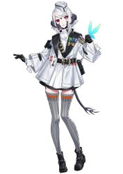 Rule 34 | 1girl, ankle boots, aran legwear, au ra, belt, black belt, black footwear, black gloves, black skirt, blue butterfly, boots, bug, butterfly, fictional persona, final fantasy, final fantasy xiv, full body, gloves, grey eyes, grey thighhighs, hand up, hat, head tilt, heterochromia, highres, horns, insect, jacket, long sleeves, looking at viewer, medal, parted lips, pigeon-toed, pouch, red eyes, ringed eyes, samei ikusa, scales, simple background, skirt, solo, tail, thighhighs, warrior of light (ff14), white background, white hat, white jacket, zettai ryouiki