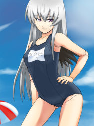 Rule 34 | 00s, 1girl, doll joints, joints, name tag, one-piece swimsuit, purple eyes, rozen maiden, school swimsuit, silver hair, solo, suigintou, swimsuit