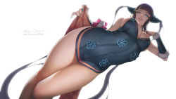 Rule 34 | 1girl, bare shoulders, black dress, blue nails, blunt bangs, breasts, center opening, china dress, chinese clothes, cleavage, clothes lift, detached sleeves, double bun, dress, dress lift, dutch angle, fate/grand order, fate (series), from below, hair bun, highres, k19, large breasts, legs, lifting own clothes, long hair, looking at viewer, nail polish, parted lips, patreon username, purple hair, revealing clothes, sideboob, sidelocks, simple background, solo, thighs, twintails, very long hair, white background, yang guifei (fate), yang guifei (second ascension) (fate)