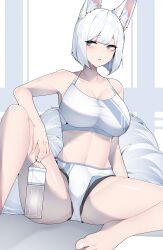 Rule 34 | 1girl, absurdres, animal ears, arm support, azur lane, barefoot, black panties, blue eyes, blush, bottle, breasts, buruma, cleavage, dated commentary, feet, fox ears, fox tail, highres, holding, holding bottle, kaga (azur lane), large breasts, looking to the side, navel, panties, panties under buruma, parted lips, samip, short hair, sitting, solo, sports bra, spread legs, stomach, tail, thighs, toes, underwear, water bottle, white buruma, white hair, white sports bra