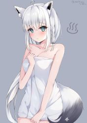 Rule 34 | 1girl, ahoge, animal ear fluff, animal ears, bare arms, bare shoulders, blush, braid, breasts, cleavage, collarbone, commentary, fox ears, fox girl, fox tail, green eyes, grey background, highres, himexin, hololive, long hair, looking at viewer, naked towel, parted lips, shirakami fubuki, side braid, sidelocks, signature, simple background, single braid, small breasts, solo, tail, towel, twitter username, virtual youtuber, white hair