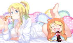 Rule 34 | 10s, 2girls, ass, ayase eli, bad id, bad pixiv id, blonde hair, blue eyes, blush, bottle, breasts, brown eyes, cheese trail, chibi, cleavage, coke, collared shirt, doma umaru, dual persona, eating, food, frilled pillow, frills, hamster costume, himouto! umaru-chan, hood, komaru (himouto! umaru-chan), large breasts, long hair, love live!, love live! school idol project, lying, multiple girls, no pants, on stomach, one side up, open mouth, panties, pillow, pizza, ponytail, ponytail korosuke, scrunchie, shirt, smile, soda, soda bottle, striped clothes, striped panties, underwear, white shirt
