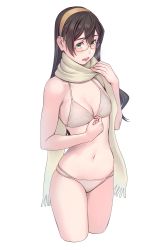 Rule 34 | 1girl, alternate costume, aqua eyes, bare arms, bare legs, bare shoulders, bikini, blush, breasts, breath, brown hair, collarbone, commentary request, cowboy shot, cropped legs, glasses, green eyes, hairband, highres, kantai collection, long hair, looking at viewer, multi-strapped bikini, navel, ooyodo (kancolle), open mouth, scarf, semi-rimless eyewear, simple background, skindentation, small breasts, solo, string bikini, striped, swimsuit, under-rim eyewear, vertical stripes, white background, yuuji (and)
