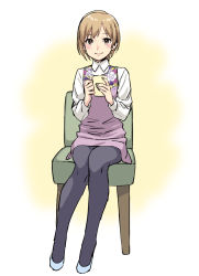 Rule 34 | 1girl, aiba yumi, blush, brown eyes, brown hair, chair, collared shirt, commentary request, cup, dress, floral print, full body, high heels, highres, holding, holding cup, idolmaster, idolmaster cinderella girls, long sleeves, pantyhose, shirt, short hair, sitting, smile, solo, takuan (takuanlunch), two-tone background