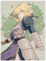 Rule 34 | 18660081532, 1girl, absurdres, ahoge, armor, artoria pendragon (fate), blonde hair, blurry edges, border, breastplate, closed mouth, cowboy shot, fate/grand order, fate (series), faulds, floating hair, gauntlets, green eyes, hair ribbon, highres, holding, holding sword, holding weapon, long hair, puffy sleeves, ribbon, solo, sword, weapon, white border