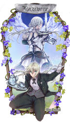 Rule 34 | 2boys, absurdres, armor, back-to-back, bedivere (fate), bedivere (silver butler) (fate), black jacket, black pants, black suit, blonde hair, border, braid, brown footwear, butler, capelet, closed mouth, cloud, collared shirt, cross tie, cup, dress shoes, dual persona, facing away, fate/grand order, fate (series), flower, flower request, formal, framed, french braid, full body, gloves, grass, green eyes, green tunic, grey vest, hair between eyes, hair tubes, highres, holding, holding sword, holding tray, holding weapon, jacket, kulissara-aung, light particles, long hair, long sleeves, looking at viewer, low twintails, male focus, multiple boys, official alternate costume, on one knee, open clothes, open jacket, outside border, pants, plant, pocket square, prosthesis, prosthetic arm, purple flower, saucer, shirt, suit, sword, tailcoat, teacup, teapot, tray, tunic, twintails, twitter username, vest, vines, weapon, white border, white capelet, white gloves, white hair, white shirt
