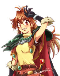 Rule 34 | 1girl, armor, artist name, belt, black gloves, blush, breasts, cape, earrings, gloves, hair between eyes, hand on own head, headband, hoop earrings, jewelry, lina inverse, long hair, necklace, orange hair, pauldrons, pearl necklace, red eyes, shoulder armor, simple background, slayers, small breasts, smile, solo, teeth, uzumaki (skydirt), white background