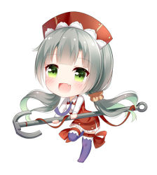 Rule 34 | 1girl, :d, anchor, azur lane, blush, brown scrunchie, chibi, collared shirt, commentary request, dress, fang, full body, glowworm (azur lane), green eyes, green hair, hair ornament, hair scrunchie, hat, holding, linhe de chuangzi, long hair, long sleeves, low twintails, no shoes, open mouth, purple thighhighs, red dress, red hat, red ribbon, ribbon, scrunchie, shirt, simple background, smile, solo, standing, standing on one leg, thighhighs, twintails, very long hair, white background, white shirt