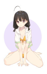 Rule 34 | 1girl, ahoge, arm support, barefoot, bikini, black hair, breasts, cleavage, front-tie top, looking at viewer, navel, noco (adamas), open clothes, open shirt, original, red eyes, shirt, short hair, solo, swimsuit, thighs, yellow bikini