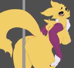 Rule 34 | 1girl, animal ears, black sclera, blue eyes, breasts, claws, colored sclera, digimon, digimon (creature), elbow gloves, fox tail, furry, galactic-overlord, gloves, nipples, pole, pole dancing, renamon, tail