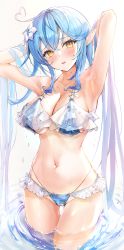 Rule 34 | 1girl, absurdres, ahoge, armpits, arms behind head, arms up, bare arms, bikini, blue bikini, blue hair, blush, breasts, cleavage, cowboy shot, elf, flower, frilled bikini, frills, hair between eyes, hair flower, hair ornament, heart, heart ahoge, highres, hololive, large breasts, long hair, looking at viewer, mugiusagi, navel, parted lips, pointy ears, resolution mismatch, revision, solo, source smaller, standing, stomach, swimsuit, twintails, very long hair, virtual youtuber, wading, water, wet, white background, yellow eyes, yukihana lamy