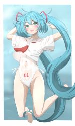 Rule 34 | 1girl, absurdres, bare legs, barefoot, blue hair, blush, border, casual one-piece swimsuit, clothing cutout, floating hair, full body, green eyes, hair ribbon, hatsune miku, highleg, highleg swimsuit, highres, jumping, long hair, midriff, navel, navel cutout, neckerchief, number tattoo, one-piece swimsuit, open mouth, outside border, red neckerchief, red ribbon, ribbon, sailor collar, sailor shirt, shirt, short sleeves, solo, stomach, swimsuit, tattoo, twintails, very long hair, vocaloid, white border, white one-piece swimsuit, white ribbon, white sailor collar, white shirt, yameshizuku