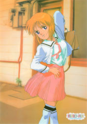 Rule 34 | 1980s (style), 1girl, absurdres, blouse, blue eyes, briefcase, casual, character name, elpeo puru, feet out of frame, gundam, gundam zz, high-waist skirt, highres, indoors, long sleeves, looking at viewer, official art, oldschool, orange hair, over-kneehighs, parted lips, pink neckwear, pink skirt, pleated skirt, retro artstyle, school briefcase, shirt, shirt tucked in, short hair, skirt, smile, solo, thighhighs