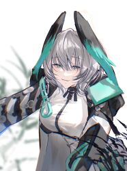 Rule 34 | 1girl, absurdres, arknights, blurry, blurry background, breasts, depth of field, dress, green eyes, grey hair, head wings, highres, ho&#039;olheyak (arknights), large breasts, leaning forward, long sleeves, looking at viewer, mie mie shuang pi nai, parted lips, short hair, smile, solo, white dress, wings