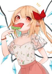 Rule 34 | 1girl, alternate costume, arm behind back, artist name, blonde hair, blouse, blue hair, blush, bow, commentary request, crystal, eating, fang, flandre scarlet, floral print, food, food in mouth, gotou (nekocat), gradient hair, green nails, hair between eyes, hair bow, hand up, highres, holding, holding food, looking at viewer, multicolored hair, nail polish, no headwear, no headwear, one side up, pink skirt, pointy ears, popsicle, red bow, red eyes, see-through, see-through sleeves, shirt, short sleeves, sidelocks, signature, skirt, solo, touhou, upper body, watermelon bar, white shirt, wings