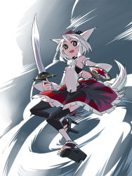 1girl animal_ears armpits bare_shoulders detached_sleeves fang female_focus flat_chest geta hat inubashiri_momiji open_mouth shield short_hair skinny smile solo sword tail tengu-geta toeless_legwear tokin_hat touhou tsuru_(artist) tsuru_(clainman) weapon white_hair wolf_ears wolf_tail