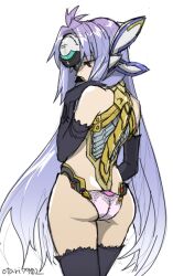 Rule 34 | 1girl, android, ass, black gloves, black thighhighs, blue eyes, blue hair, closed mouth, elbow gloves, gloves, indesign, kos-mos, long hair, panties, red eyes, simple background, sitting, solo, thighhighs, underwear, very long hair, white background, xenosaga, xenosaga episode i