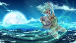 Rule 34 | 1girl, :d, arm up, artist name, cloud, commentary, dated, dress, floating, floating hair, full moon, green hair, highres, long sleeves, looking at viewer, moon, open mouth, outdoors, purple eyes, rabi-ribi, saya (rabi ribi), shoes, short hair, smile, solo, thighhighs, upswept hair, water, waves, white thighhighs, wind, xanadu avici, zettai ryouiki