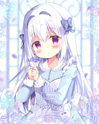 Rule 34 | 1girl, apron, azumi kazuki, blue bow, blue dress, blurry, blurry background, blush, bouquet, bow, closed mouth, collared dress, commentary request, depth of field, dress, english text, flower, hair between eyes, hair bow, hair intakes, happy birthday, highres, holding, holding bouquet, juliet sleeves, long hair, long sleeves, original, puffy sleeves, purple eyes, purple flower, smile, solo, very long hair, white apron, white hair, window