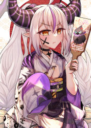 Rule 34 | 1girl, :t, ahoge, badminton racket, character print, closed mouth, commentary request, hololive, horns, japanese clothes, kimono, la+ darknesss, la+ darknesss (new year), lei (shizuiza), long hair, long sleeves, looking at viewer, marking on cheek, multicolored hair, obi, obiage, pout, purple hair, purple kimono, racket, sash, self character print, sleeves past fingers, sleeves past wrists, solo, streaked hair, twintails, very long hair, virtual youtuber, white hair, wide sleeves, yellow eyes