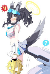 Rule 34 | !, !!, 1girl, ?, ^^^, animal ears, bare arms, bare shoulders, black hair, blue archive, blush, breasts, cheerleader, crop top, dog ears, dog girl, dog tail, eyewear on head, from side, goggles, goggles on head, halo, hibiki (blue archive), hibiki (cheer squad) (blue archive), highres, holding, long hair, medium breasts, midriff, millennium cheerleader outfit (blue archive), nose blush, pleated skirt, pom pom (cheerleading), ponytail, riffle hunter, shirt, simple background, skirt, sleeveless, sleeveless shirt, solo, speech bubble, spoken exclamation mark, spoken question mark, surprised, sweat, sweatdrop, tail, tail raised, visor cap, white background, white skirt