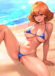 Rule 34 | 1girl, alternate breast size, arm support, bare arms, bare legs, bare shoulders, beach, bikini, blue bikini, blue eyes, breasts, brown hair, collarbone, commentary request, day, gundam, gundam suisei no majo, hair between eyes, halterneck, highres, knee up, large breasts, light blush, looking at viewer, navel, ocean, open mouth, outdoors, oyaman, shore, sitting, smile, solo, sophie pulone, spread legs, stomach, string bikini, sunlight, swimsuit, twitter username