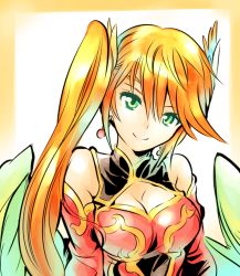 Rule 34 | 1girl, bare shoulders, breasts, chinese clothes, cleavage, cleavage cutout, clothing cutout, earrings, green eyes, highres, ishiyumi, jewelry, large breasts, leilan (p&amp;d), long hair, looking at viewer, orange hair, puzzle &amp; dragons, side ponytail, smile, solo, wings