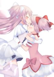 Rule 34 | 2girls, absurdres, artist name, blush, bow, bubble skirt, choker, closed eyes, closed mouth, commentary request, cowboy shot, dual persona, frilled gloves, frills, from side, gloves, hachusan111, hair bow, highres, hug, kaname madoka, long hair, magical girl, mahou shoujo madoka magica, mahou shoujo madoka magica (anime), multicolored hair, multiple girls, pink hair, pink thighhighs, puffy short sleeves, puffy sleeves, red bow, red eyes, red ribbon, ribbon, ribbon choker, short hair, short sleeves, short twintails, simple background, skirt, smile, thighhighs, twintails, two-tone hair, ultimate madoka, white background, white bow, white choker, white gloves, zettai ryouiki
