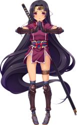 Rule 34 | 1girl, absurdly long hair, absurdres, armor, black hair, full body, gloves, hand gesture, headband, highres, hikage eiji, holster, koihime musou, long hair, looking at viewer, lowleg, official art, over-kneehighs, own hands together, panties, pelvic curtain, red eyes, sheath, sheathed, short sleeves, shuutai, solo, sword, tears, thigh holster, thighhighs, transparent background, underwear, very long hair, weapon, yatsuha kanan
