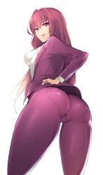 Rule 34 | 1girl, ass, ass focus, breasts, fate (series), formal, hair intakes, hand on own hip, highres, hometa, lips, long hair, looking back, medium breasts, open mouth, pant suit, pants, scathach (fate), simple background, smile, solo, suit, very long hair, white background