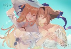 Rule 34 | 2girls, alternate costume, blush, breasts, brown hair, casual, cleavage, closed eyes, collarbone, commission, cosmic (crownclowncosmic), crossover, eyewear hang, unworn eyewear, girls&#039; frontline, hat, headband, heart lock (kantai collection), holding hands, jewelry, kantai collection, large breasts, long hair, loose clothes, loose shirt, multiple girls, mutsu (kancolle), necklace, off shoulder, official alternate costume, open mouth, outdoors, ring, second-party source, shirt, short hair, springfield (girls&#039; frontline), springfield (stirring mermaid) (girls&#039; frontline), sun hat, sunglasses, upper body, wedding band, white shirt