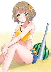 Rule 34 | 1girl, bikini, blue shorts, blush, brown hair, character request, collarbone, food, fruit, green eyes, hair ribbon, koukoku, looking at viewer, ribbon, short hair, short shorts, shorts, side-tie bikini bottom, simple background, sitting, smile, solo, swimsuit, torn clothes, torn shorts, watermelon, white background, yellow bikini, yellow ribbon