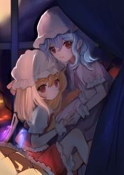 Rule 34 | 2girls, absurdres, ascot, bat wings, blonde hair, blush, closed mouth, crystal, curtains, cushion, dot mouth, flandre scarlet, frilled skirt, frills, hair between eyes, hat, highres, light purple hair, looking at viewer, mob cap, moon, multiple girls, puffy short sleeves, puffy sleeves, red eyes, red skirt, red vest, remilia scarlet, short sleeves, siblings, side ponytail, sisters, sitting, skirt, smile, touhou, vest, window, wings, wrist cuffs, yanlan929, yellow ascot