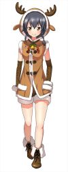Rule 34 | 10s, 1girl, animal costume, artist request, bell, neck bell, black hair, braid, coat, collar, detached sleeves, full body, girls und panzer, hands in pockets, highres, hood, hoodie, looking at viewer, official art, pepperoni (girls und panzer), reindeer costume, shoes, short hair, short shorts, shorts, side braid, sleeveless, smile, solo, standing, white background