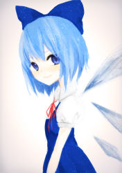 Rule 34 | 1girl, bad id, bad pixiv id, blue eyes, blue hair, bow, cirno, female focus, glitter, gradient background, hair bow, highres, ice, light smile, matching hair/eyes, portrait, profile, short hair, short sleeves, solo, sparkle, touhou, white background, wings, yasuda yuzu