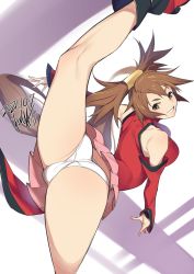 Rule 34 | 1girl, ankle boots, ass, bare shoulders, boots, breasts, brown eyes, brown hair, china dress, chinese clothes, commentary request, dress, flexible, guilty gear, guilty gear xrd, hair ornament, highres, kuma (jk0073), kuradoberi jam, long hair, looking at viewer, looking back, medium breasts, panties, parted lips, pelvic curtain, pink skirt, simple background, skirt, sleeveless, smile, solo, underwear, white panties