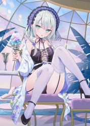 Rule 34 | 1girl, bare shoulders, black footwear, black panties, blue sky, breasts, cleavage, cloud, cloudy sky, commentary request, day, floral print, food, garter straps, green eyes, grey hair, hair between eyes, high heels, highres, holding, holding spoon, long sleeves, medium breasts, off shoulder, on chair, open clothes, original, panties, shaved ice, shoes, sitting, sky, solo, spoon, table, thighhighs, tongue, tongue out, underwear, window, yuuki rika