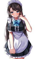 Rule 34 | 1girl, apron, bad id, bad twitter id, bare arms, bare legs, black hair, blue eyes, blush, frills, highres, hololive, long hair, looking at viewer, maid, maid apron, maid headdress, moonbell, oozora subaru, simple background, skirt, solo, straight hair, virtual youtuber, white background