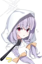 Rule 34 | 1girl, atsuko (blue archive), blue archive, braid, fork, halo, hanozuku, hood, hood up, hooded jacket, jacket, long hair, looking at viewer, parted lips, portrait, purple hair, red eyes, simple background, solo, twin braids, white background